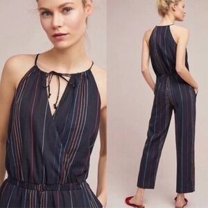 Anthropologie Dolan Navy/Rainbow Striped Halter Jumpsuit. Size S